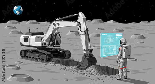 Lunar construction: Astronaut oversees excavator preparing lunar base foundation