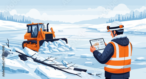 Ice Road Construction: Supervisor Overseeing Snow Removal with Digital Metrics