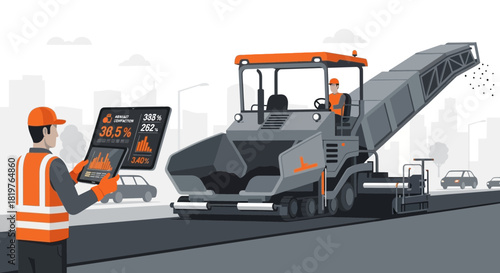 Asphalt paving operation using smart technology for data analysis and efficiency