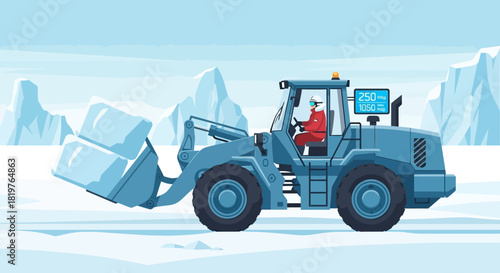 Cartoon depiction of a snow removal vehicle working on an icy arctic landscape