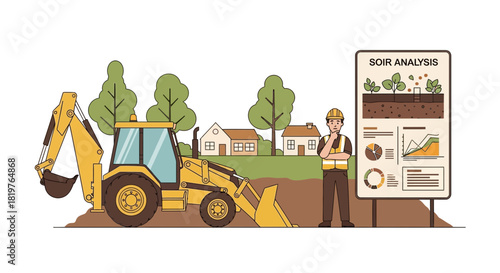 Illustration of a construction worker analyzing soil with excavator background