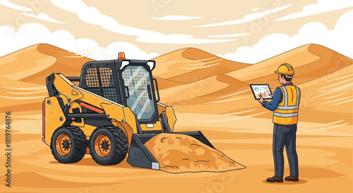 Engineer planning desert infrastructure with skid-steer loader using digital tablet
