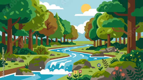 Amazing landscape green forest with river, trees, grass, blue sky wallpaper background, painting for kid books