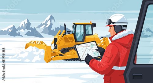 Efficient snow removal with technology: Bulldozer operator and digital tablet