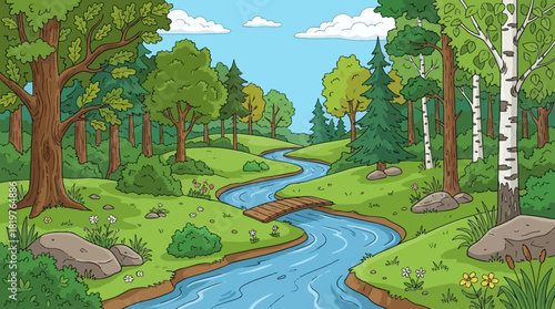 Amazing landscape green forest with river, trees, grass, blue sky wallpaper background, painting for kid books