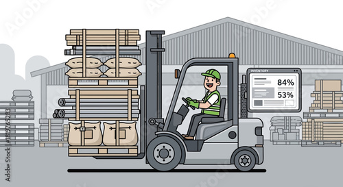 Forklift operator manages inventory and materials within warehouse setting