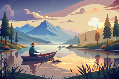 Fisherman rowing a wooden boat on a calm misty lake at dawn, calm water reflecting soft morning light, calm nature landscape, peaceful outdoor scene and sunrise atmospheric countryside environment.