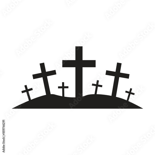 Silhouette of several crosses on a hill against white background in a simple vector illustration