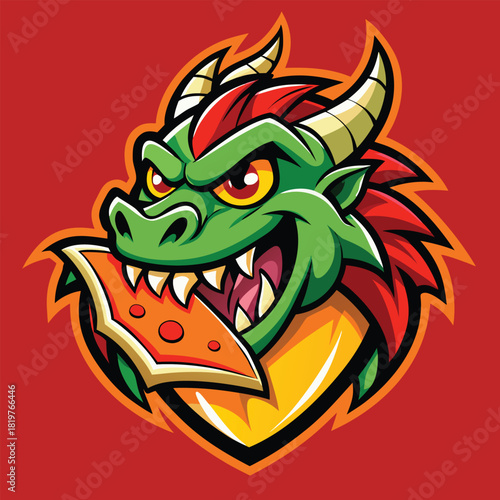 Fierce green dragon with sharp teeth devouring a delicious slice of pepperoni pizza