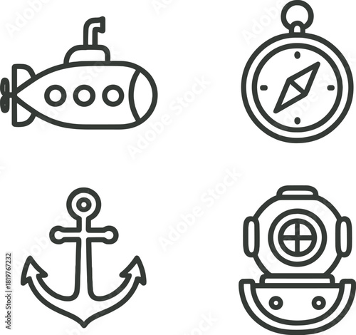 Submarine, Anchor and Navigation Line Icons Set