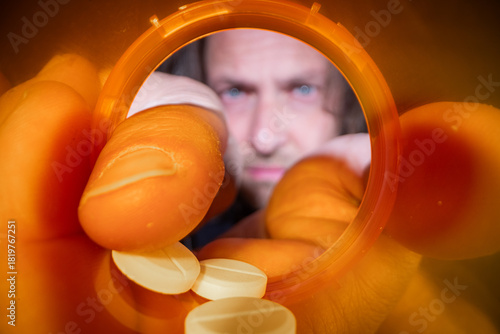 A powerful macro shot looking up from the inside of an empty, bright orange prescription pill bottle. The face of a troubled man is visible peering intensely down at the few remaining tablets.