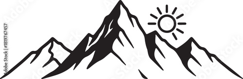 Stylized black outline illustration of a mountain range with a prominent sun in the sky, conveying adventure and nature