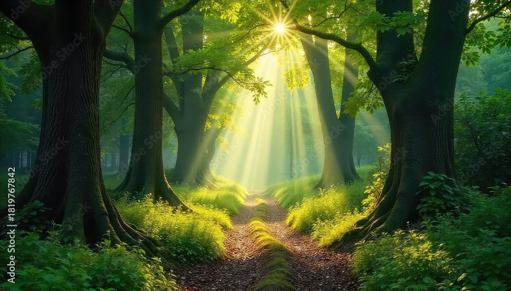 Naklejka premium Sun-dappled forest path meanders through ancient trees, sunlight filtering through leaves creating a magical atmosphere Perfect for nature, travel, and fantasy themes , path, canopy