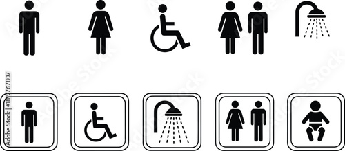 Set of restroom and bathroom icons in black and white