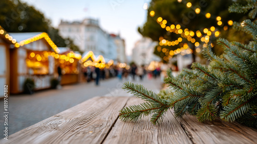 Festive market with lights and trees. Lights adorn stalls at an outdoor market, and evergreen branches on a table add to the cozy vibe.