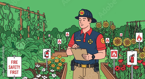 Firefighter ensuring safety in the communal garden, promoting vigilance and prevention