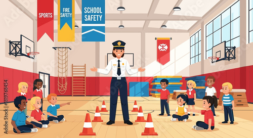 Engaging school safety presentation with a police officer and diverse students