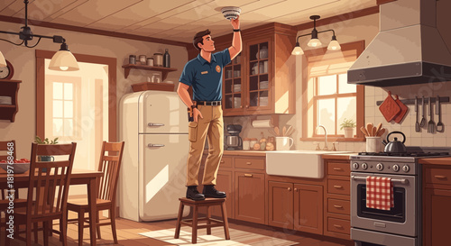 Technician checking the kitchen smoke detector for home safety and prevention
