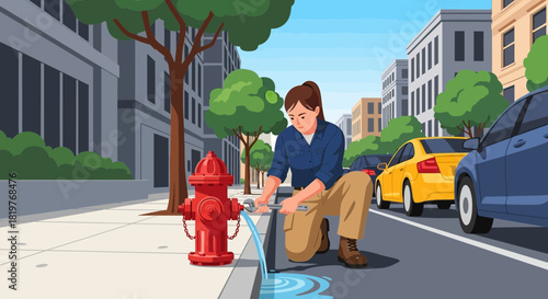 Female Technician Servicing a Fire Hydrant on a City Street with Vehicles