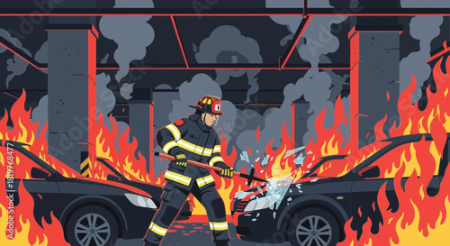 Brave firefighter rescuing occupants from burning cars in a parking garage