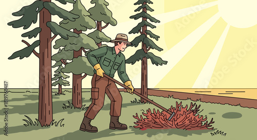 Ranger carrying out controlled burning of brushwood within a forest landscape