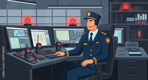 Illustration showcasing a police officer working in a modern command center station