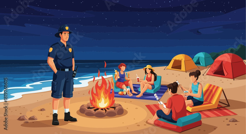 Illustrated beach setting with campers, campfire and patrolling lifeguard