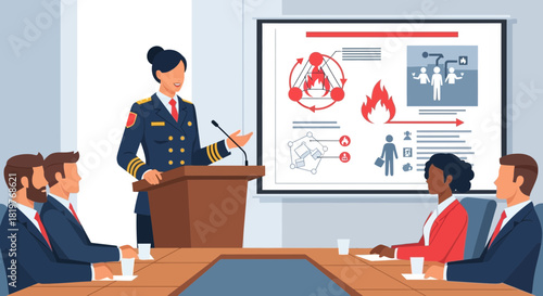 Fire safety training: Female officer leading a disaster prevention briefing