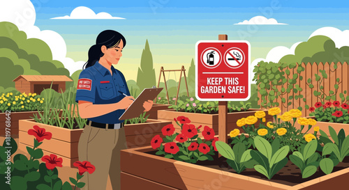 Fire Safety Volunteer Inspecting a Community Garden with a Safety Sign