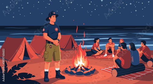 Tranquil beach camping scene with lifeguard overseeing campfire gathering