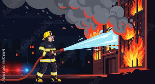 Brave firefighter extinguishing building fire at night in the city landscape
