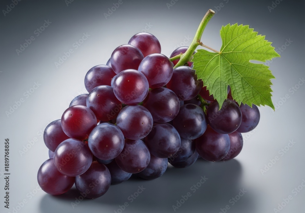 Fototapeta premium A lush bunch of ripe red grapes with a fresh green leaf showcasing natural beauty and healthy sweetness on a subtle background