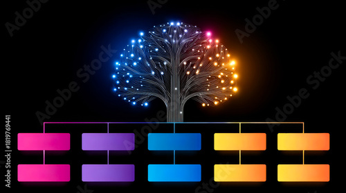 Colorful digital tree design. A colorful digital tree design with glowing branches and boxes, showcasing creativity and data organization visually.