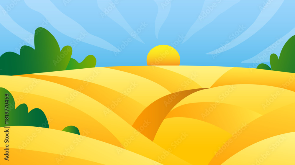 Obraz premium Rural landscape vector illustration. Horizon view of wheat hills valley. Sunset meadow outdoor field scene.