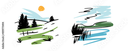 Simple line art nature landscape set. Hand drawn lake rural scene. Vector sketch drawing collection.