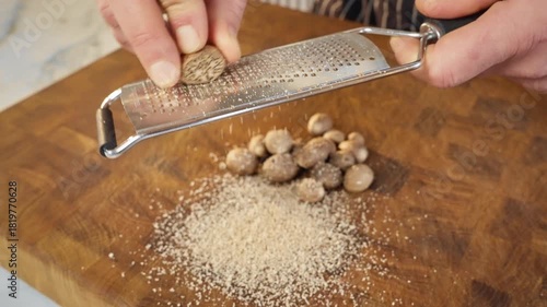 preparing seasoning with freshly grated nutmeg, closeup of nutmeg being freshly shredded for sauce