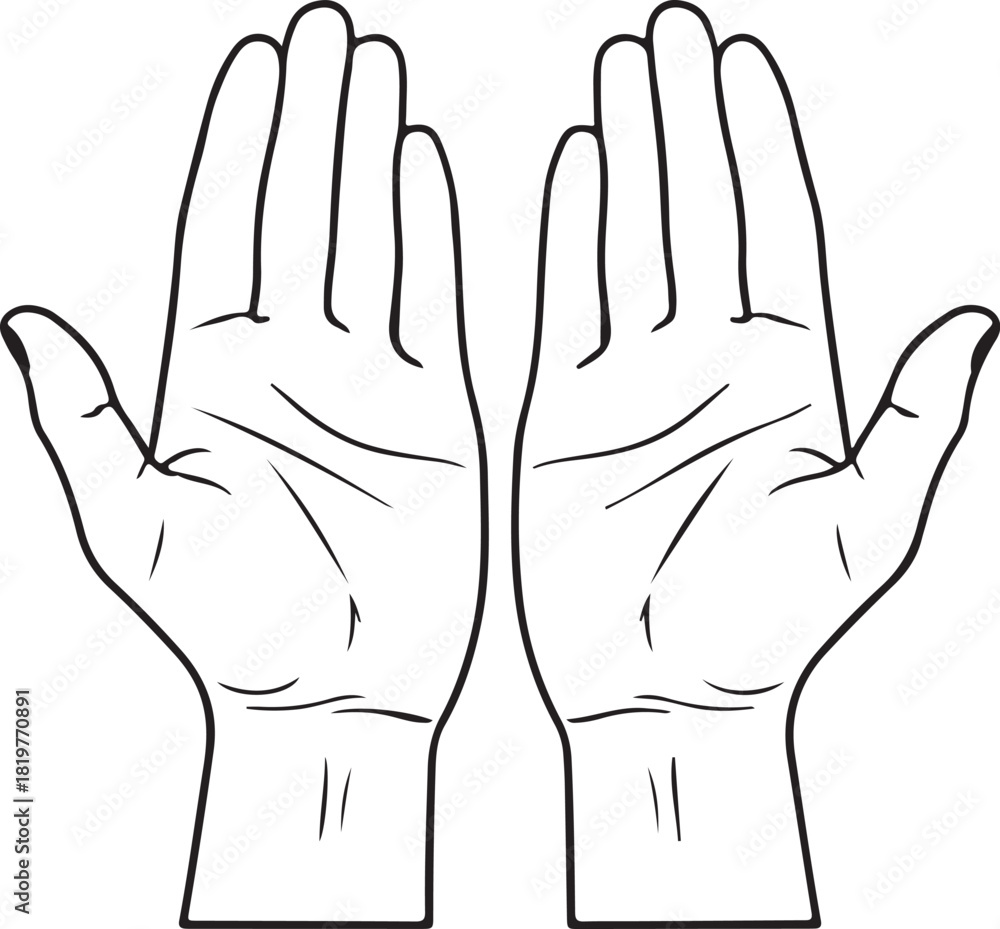 Obraz premium Open hands outline vector art drawing for offering, receiving, giving, empty, prayer, charity concepts in graphic design
