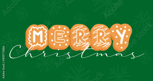 Merry Christmas banner. Gingerbread cookie letters. Greeting Card.