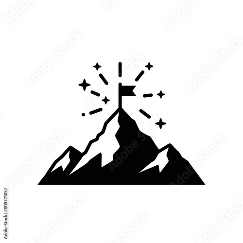 Vector icon of a mountain peak with a flag and sparkles