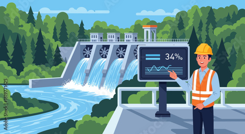 Hydroelectric dam efficiency monitoring with engineer reviewing performance data