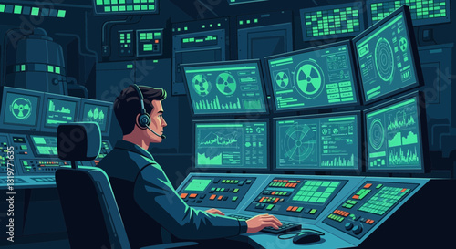 Nuclear power plant control room operator monitoring critical system indicators
