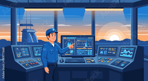 Operator monitors power plant dashboard for renewable energy transition