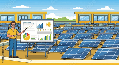 Animated solar energy analyst presenting data near a photovoltaic panel array