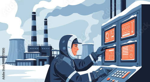 Operator monitors industrial plant activities from control panel in winter landscape