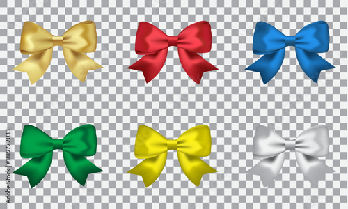 A collection of luxurious premium satin ribbons with ribbon elements in a smooth fabric texture for decorating gift card designs in celebrations or special holiday themes. Vector illustration