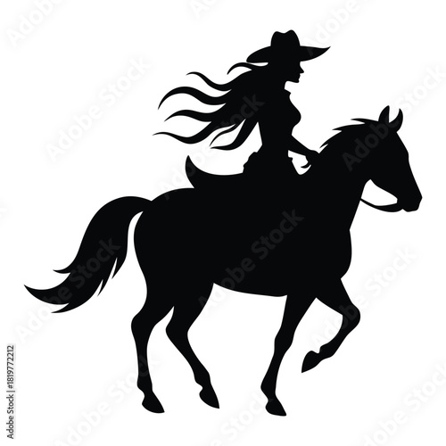 Cowgirl riding a horse with flowing hair in silhouette