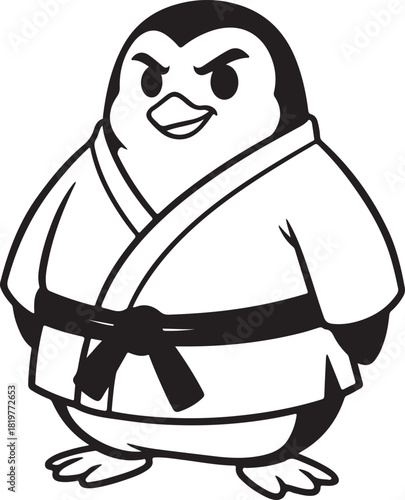 Cartoon penguin character in a martial arts gi with a black belt, exuding determination and strength, isolated vector illustration graphic.