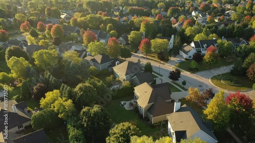 Establishing shot of Midwestern United States. American neighborhood in Fall season. Aerial view of houses. Small town