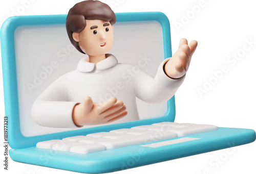 Online consultant man presenting in laptop 3D plastic style, cartoon vector telemarketing agent, business assistant