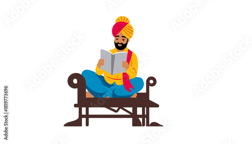 A man wearing a turban reading a book while sitting on a traditional Indian sofa 
